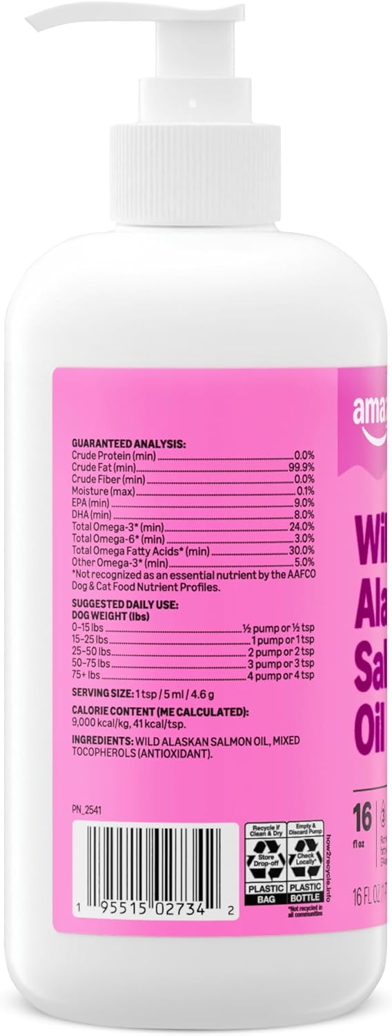 Amazon Basics Wild Alaskan Salmon Oil - Skin and Coat Support, Omega 3 Supplement for Dog and Cat, 16 fl oz (Previouly Wonder Bound)