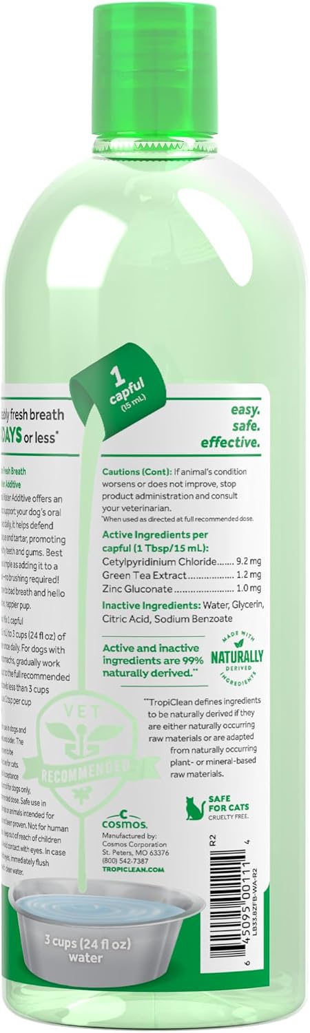 TropiClean Fresh Breath Dental Water Additive, Dog Breath Freshener, 33.8oz | Freshens Breath & Cleans Teeth | No Toothpaste or Toothbrush Required