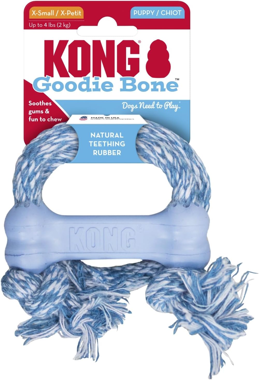 KONG Puppy Goodie Bone with Rope, Natural Rubber, for XS Puppies, Blue | KONG Natural Rubber Bone with a Cotton Rope for Teeth Cleaning & Engaging Chew Play for Growing, Teething Puppies