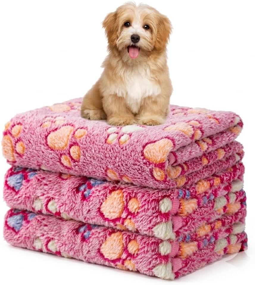 1 Pack 3 Blankets Fluffy Premium Fleece Soft Pet Blanket Flannel Throw for Cat Dog Puppy (Small 23x16'', Paw-White/Pink/Brown)