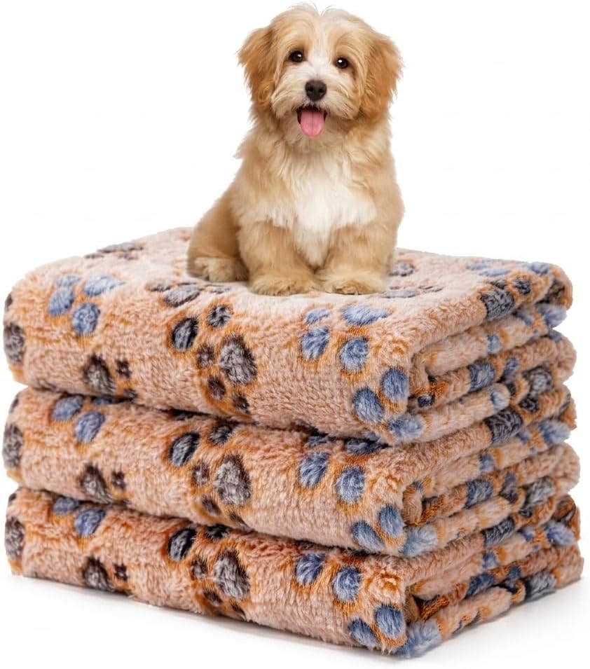 1 Pack 3 Blankets Fluffy Premium Fleece Soft Pet Blanket Flannel Throw for Cat Dog Puppy (Small 23x16'', Paw-White/Pink/Brown)