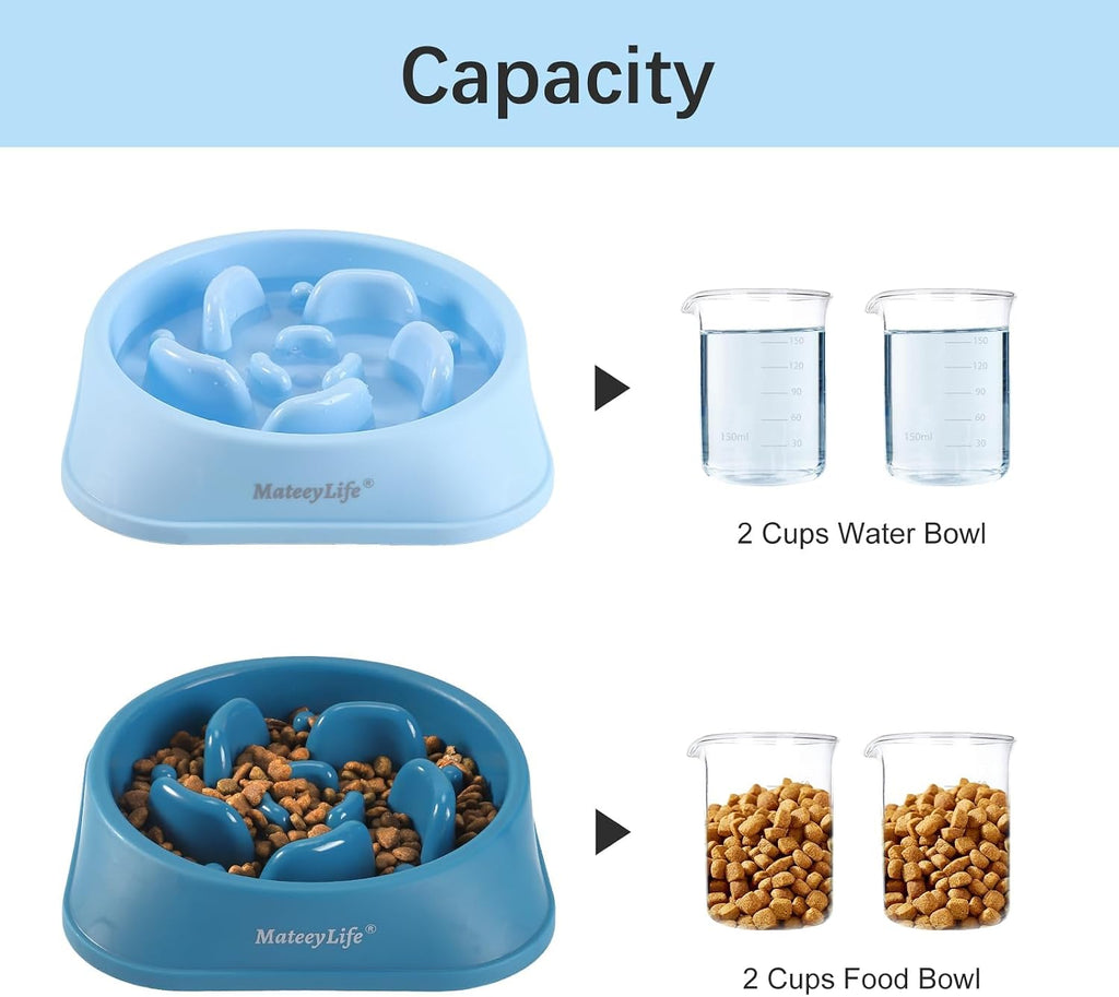 MateeyLife 2-Pack Slow Feeder Dog Bowls, 2 Cups, Dog Puzzle Feeder Bowl | Food-contact safe, dishwasher safe, non-slip base, maze design, for fast eaters, for dogs and cats, daily mealtimes