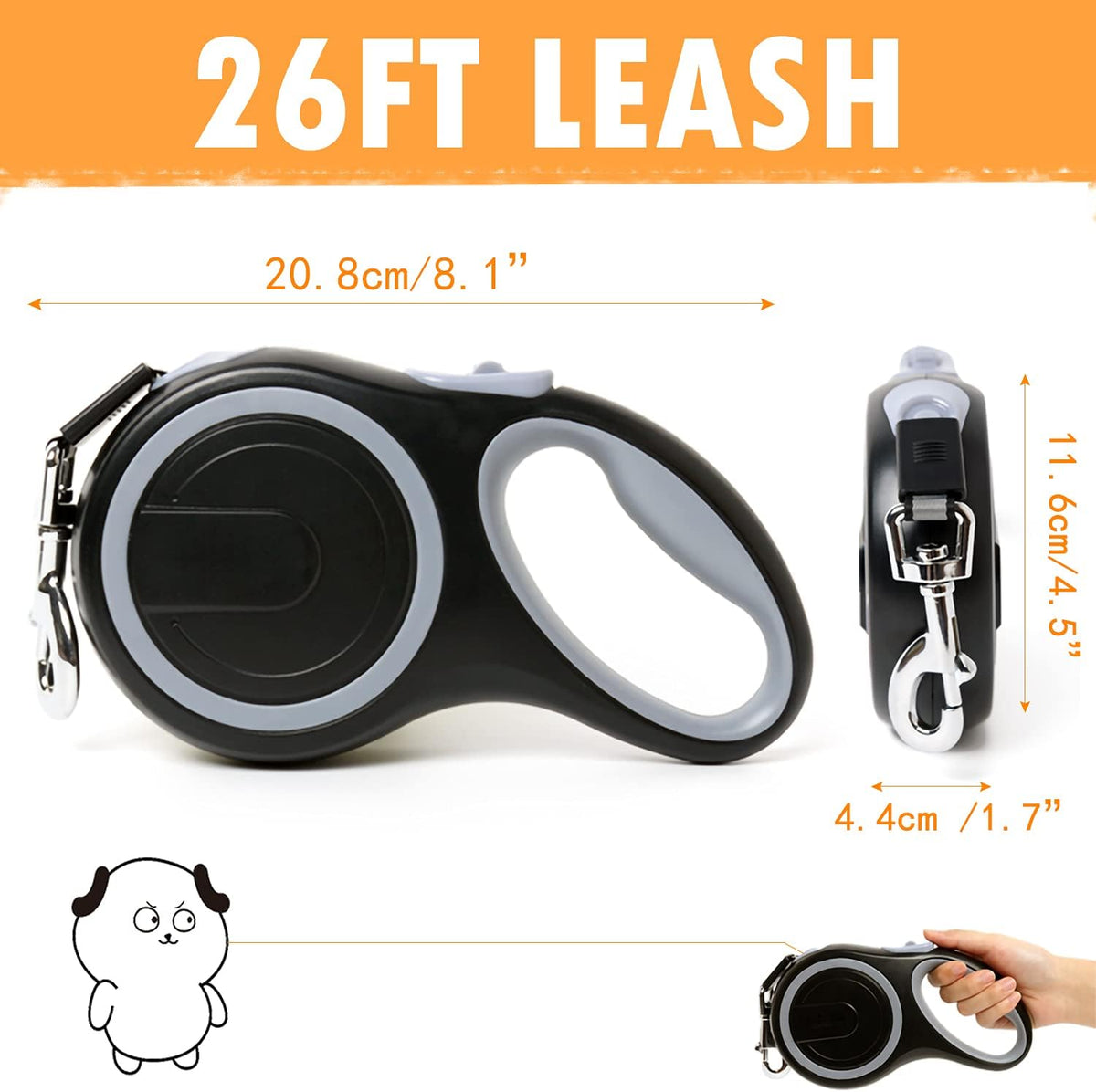 26Ft Retractable Dog Leash, Heavy Duty Great Leash for Dog up to 110 lbs, Anti-Slip Rubberized Handle, One-Handed Brake, Strong Nylon Tape, Tangle Free(Large Size).