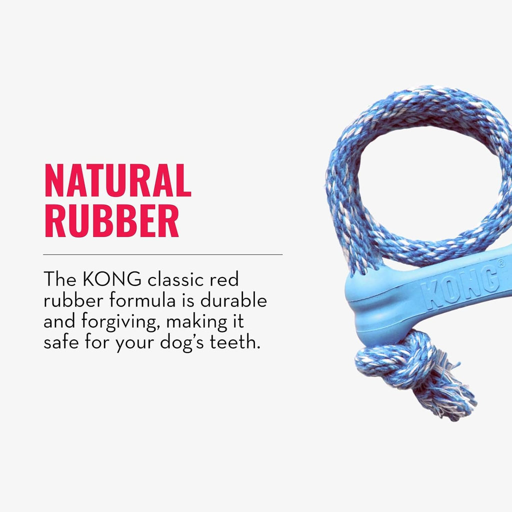 KONG Puppy Goodie Bone with Rope, Natural Rubber, for XS Puppies, Blue | KONG Natural Rubber Bone with a Cotton Rope for Teeth Cleaning & Engaging Chew Play for Growing, Teething Puppies