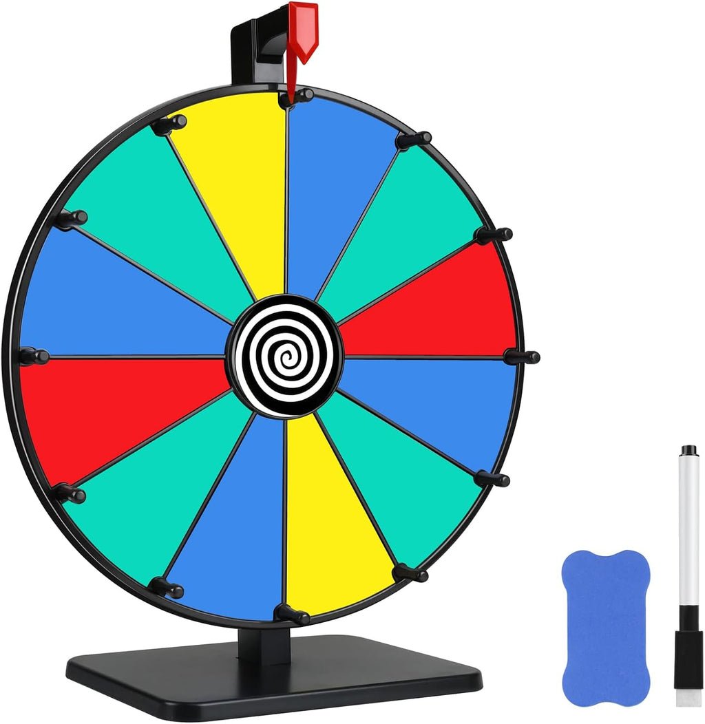 Pionites 12 Inch 12 Slots Prize Wheel Tabletop Fortune Spin with Dry Erase Marker and Eraser for Engaging Home Parties, Trade Show, Carnival Events (12'' 12slots)