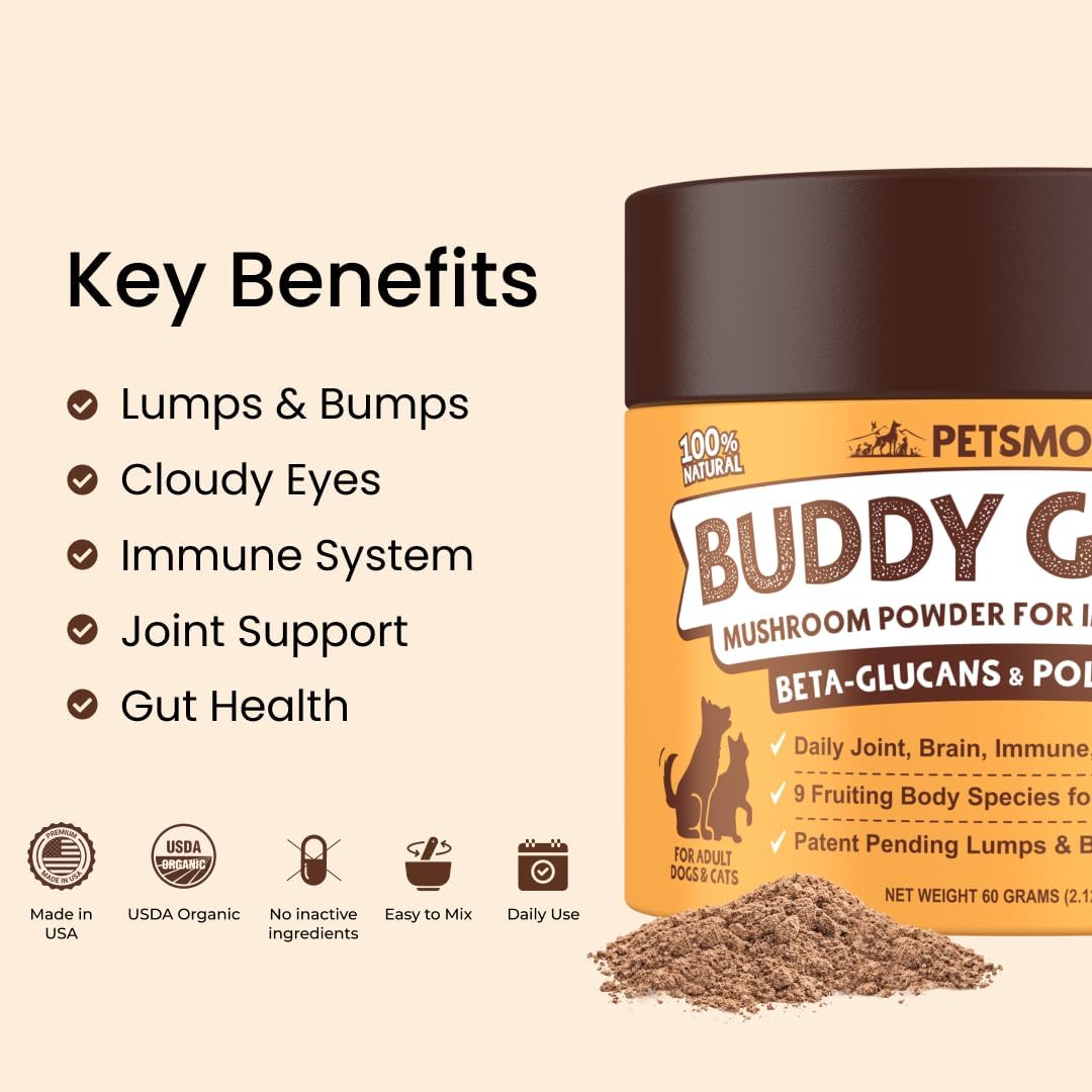 Petsmont Buddy Guard for Lumps and Bumps, Lipoma for Dogs & Cats, Patent Pending Organic 9 Mushroom Powder Blend Natural Dog Probiotic & Immune Support Chaga, Reishi, Lion's Mane, Turkey Tail Mushroom