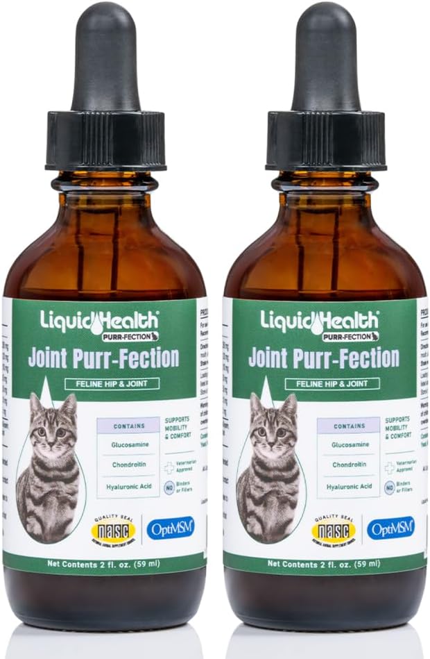 LIQUIDHEALTH Pets Liquid Cat Glucosamine Joint Purr-Fection - Hip & Joint Health Relief Support, Chondroitin Feline Droppers for Senior Older Adult Cats & Kittens - Made in the USA (2 oz)
