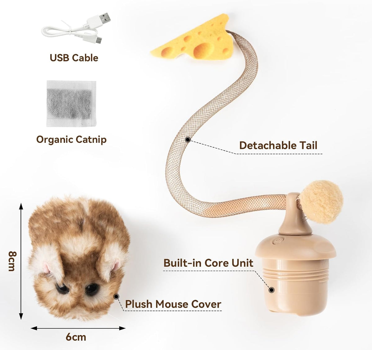 Migipaws Interactive MigiMouse Cat Toy 360° Rolling & Spin with Mesh Plastic Tail for Indoor Cats Smart Motion Sensor, Realistic Squeak, Rechargeable Plush Kitten Toy(Brown Long)