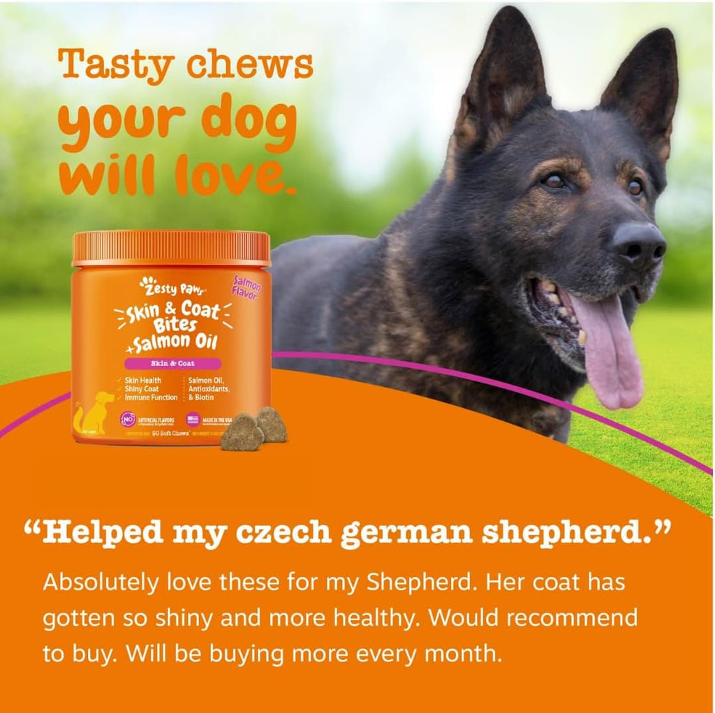 Zesty Paws Salmon Oil for Dogs - Skin & Coat Chews, Salmon, 90 Ct
