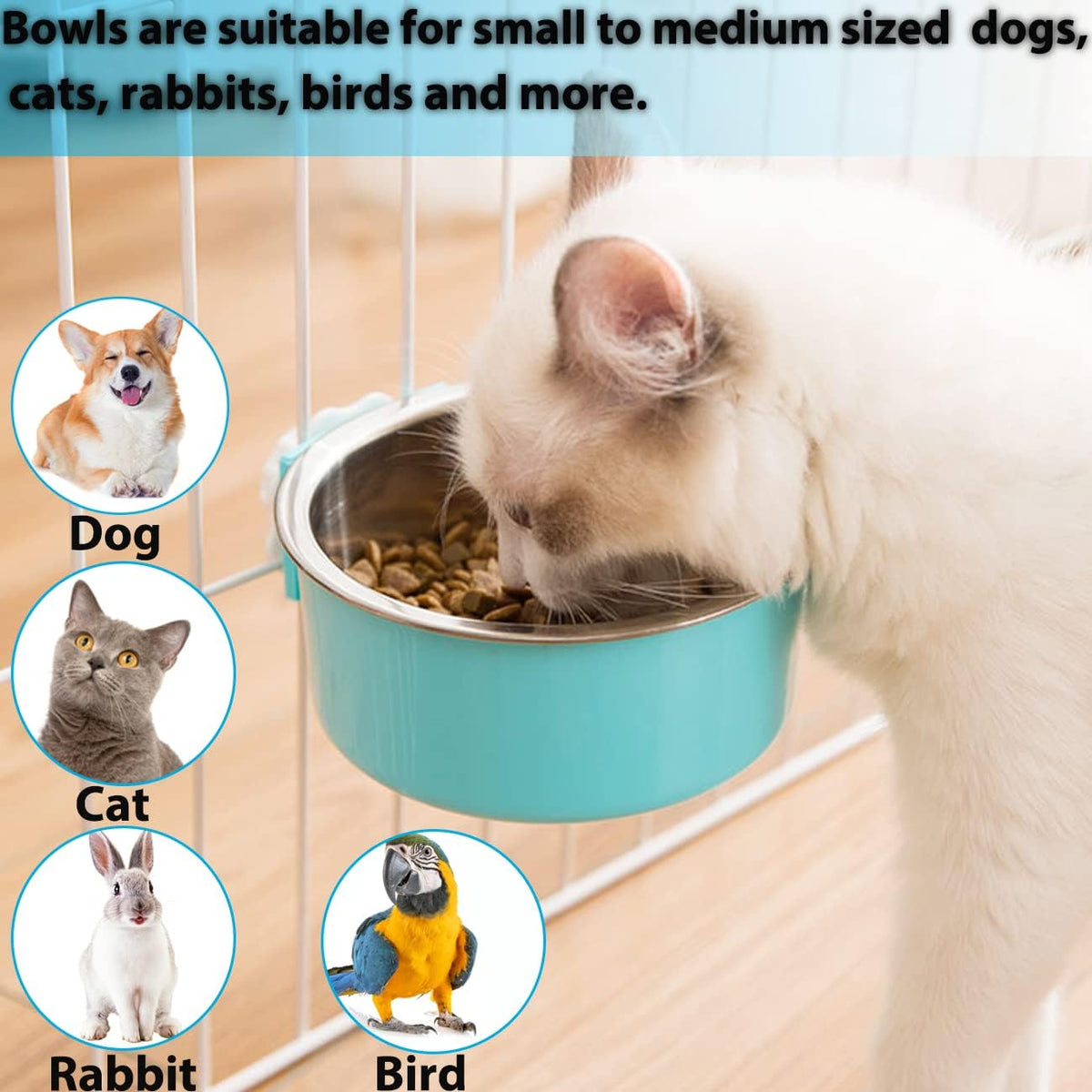Mechpia 2 Pieces Crate Dog Bowl, Removable Stainless Steel Pet Kennel Hanging Food Water Feeder Bowl Cage Coop Cup for Puppy Medium Dog Cat Rabbit Ferret Bird (Blue,Green)