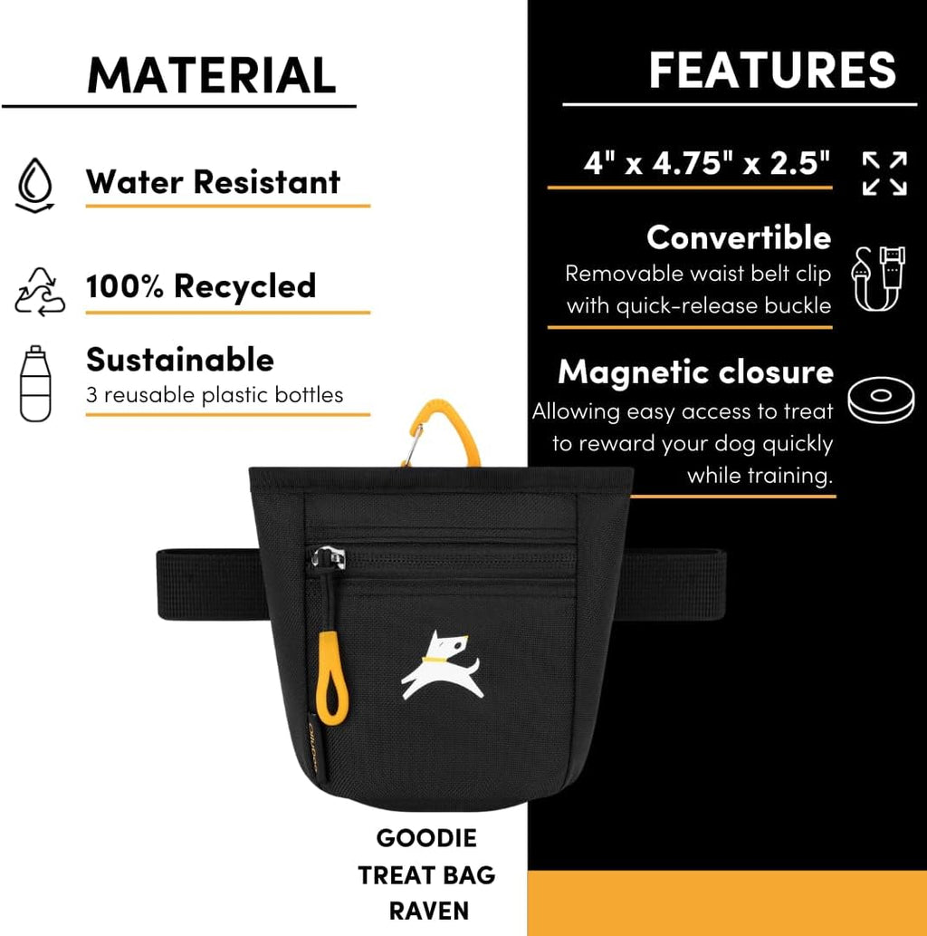 OllyDog, Goodie Treat Bag, Dog Treat Training Pouch | Magnetic Closure | 3 Ways to Wear | Hands-Free Waist Belt | Water-Resistant Recycled Vegan Fabric (Raven S'25)