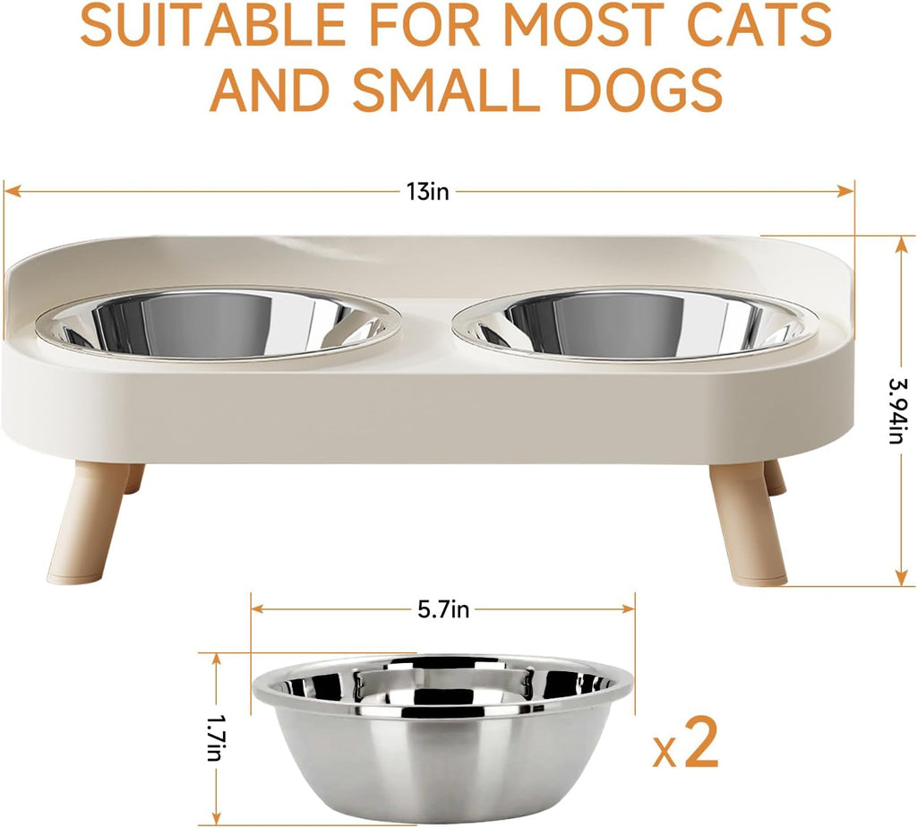 Elevated Cat Bowl, Raised Cat Food and Water Bowl Set for Indoor Cats, Splash Proof with 2 Stainless Steel Pet Food Bowls for Cats and Puppies, Whisker Fatigue and Dishwasher Safe - White