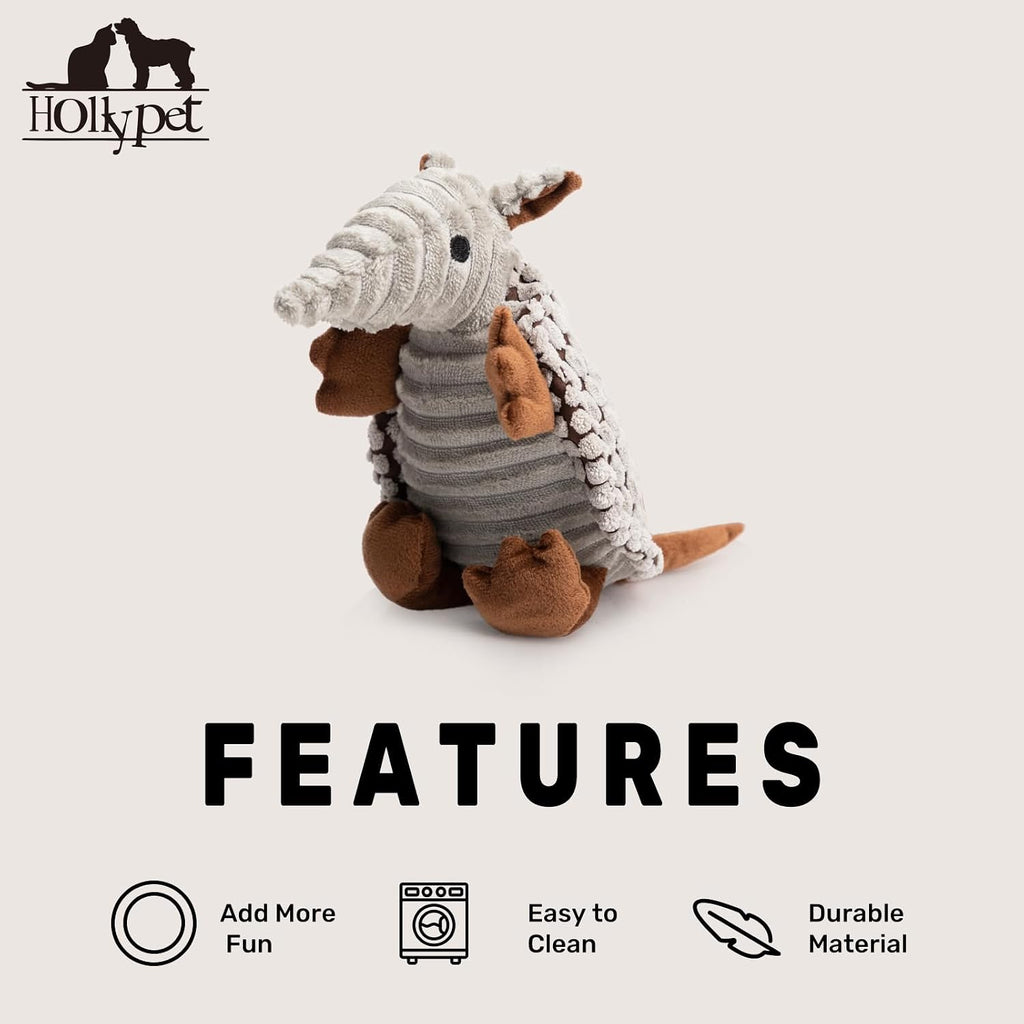 Hollypet Armadillo Squeaky Puppy Dog Toys for Small Medium Dogs, 8" | plush stuffed small dog squeak animal toy with unique grunt squeaker textured fabric for teeth cleaning toys