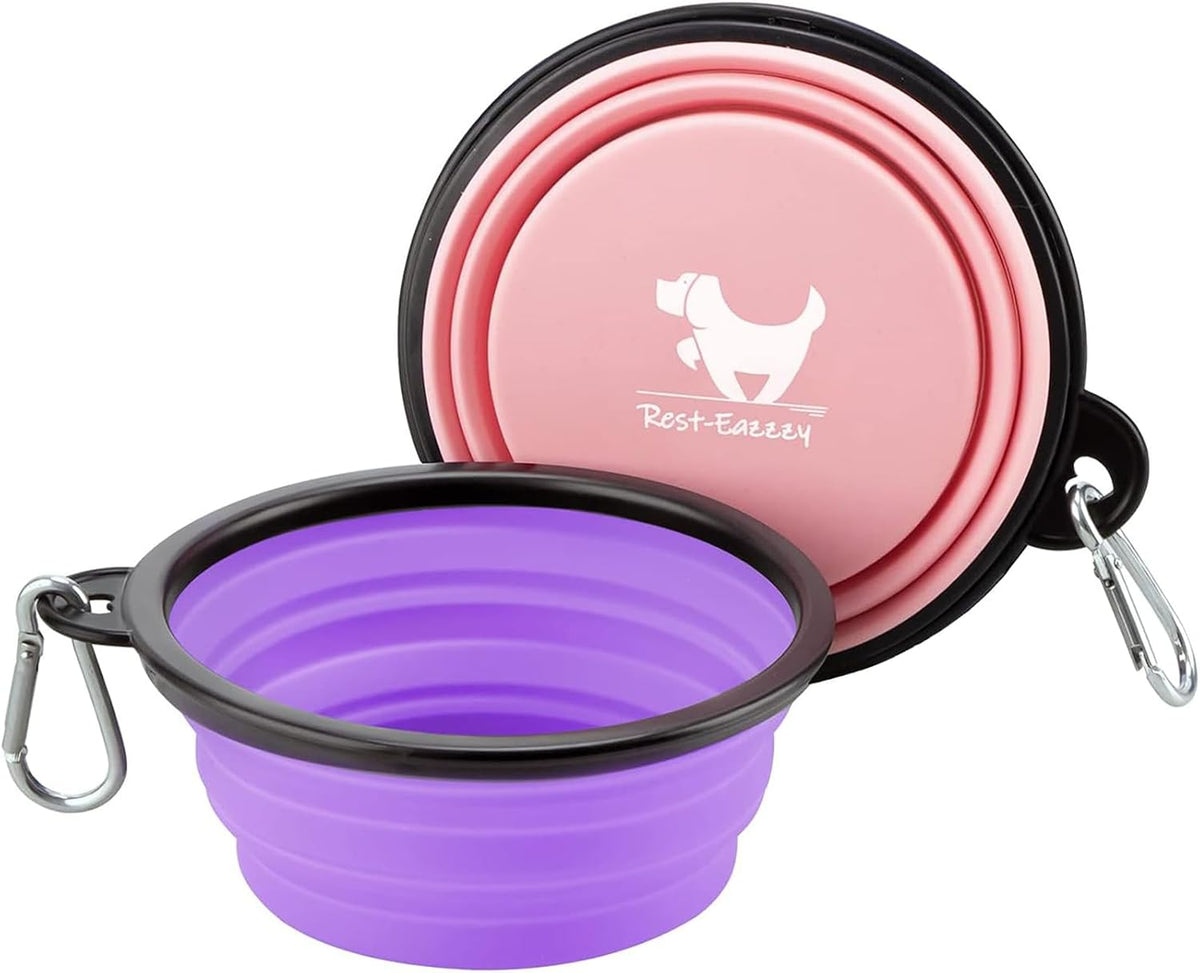 Rest-Eazzzy Collapsible Dog Bowls, 2 Pack Sturdy Portable Dog Water Bowls | Wear-Resistant TPE, Anti-Dust Foldable Travel Dog & Cat Bowls for Camping Walking Hiking with Carabiners