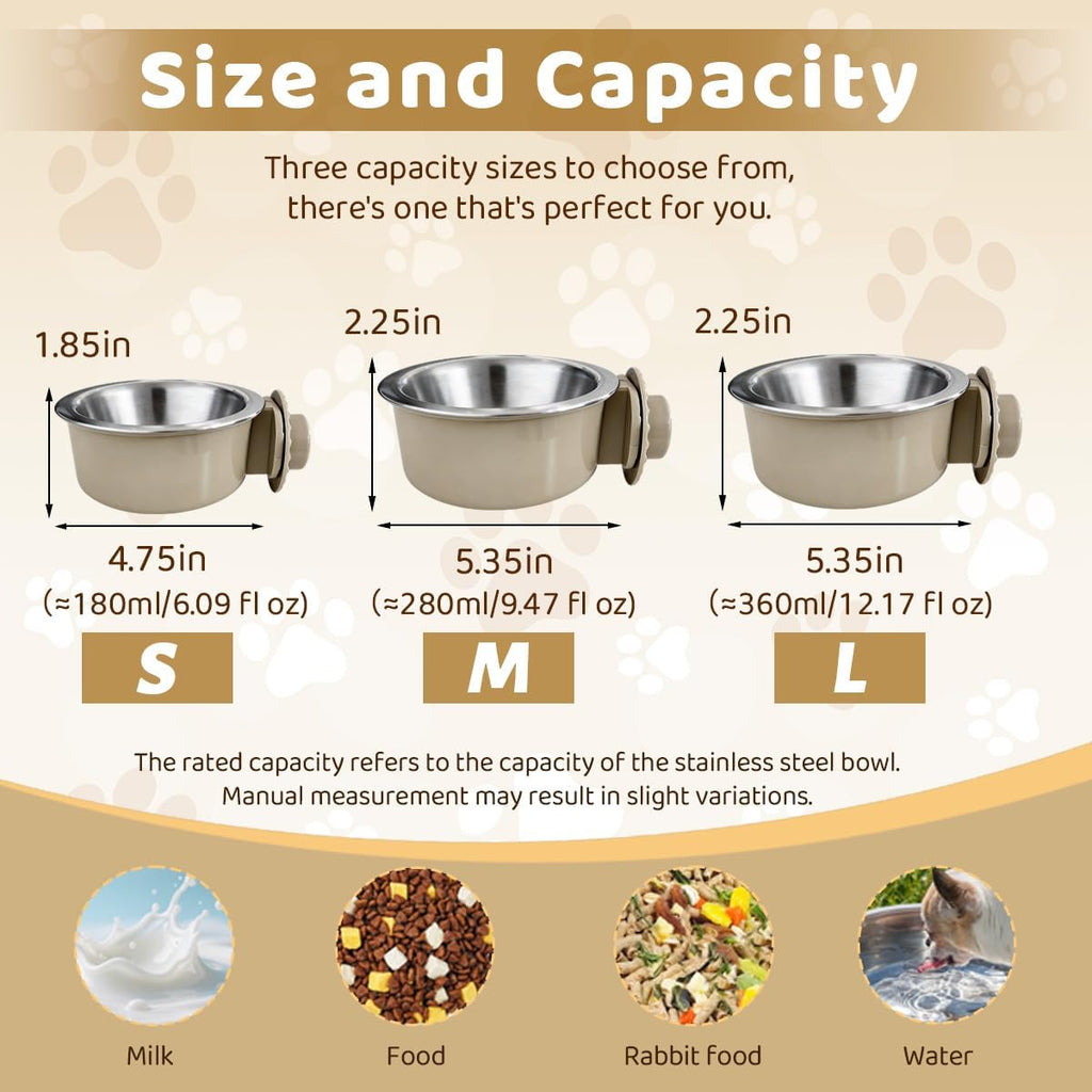 2Pcs Pets Lightweight Stainless Steel Bowl,Removable Stainless Steel Pet Hanging Food Water Feeder Bowl for Puppy Dog Cat Rabbit Ferret Bird Gunea Pigs (Gray-Small)