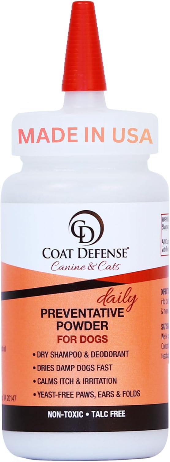 COAT DEFENSE Daily Preventative Powder | Made in USA | 3.5oz Waterless Dog Shampoo & Pet Deodorizer for Smelly Dogs | Provides Anti Itch Relief | Dog Dry Shampoo for Dry Itchy Skin