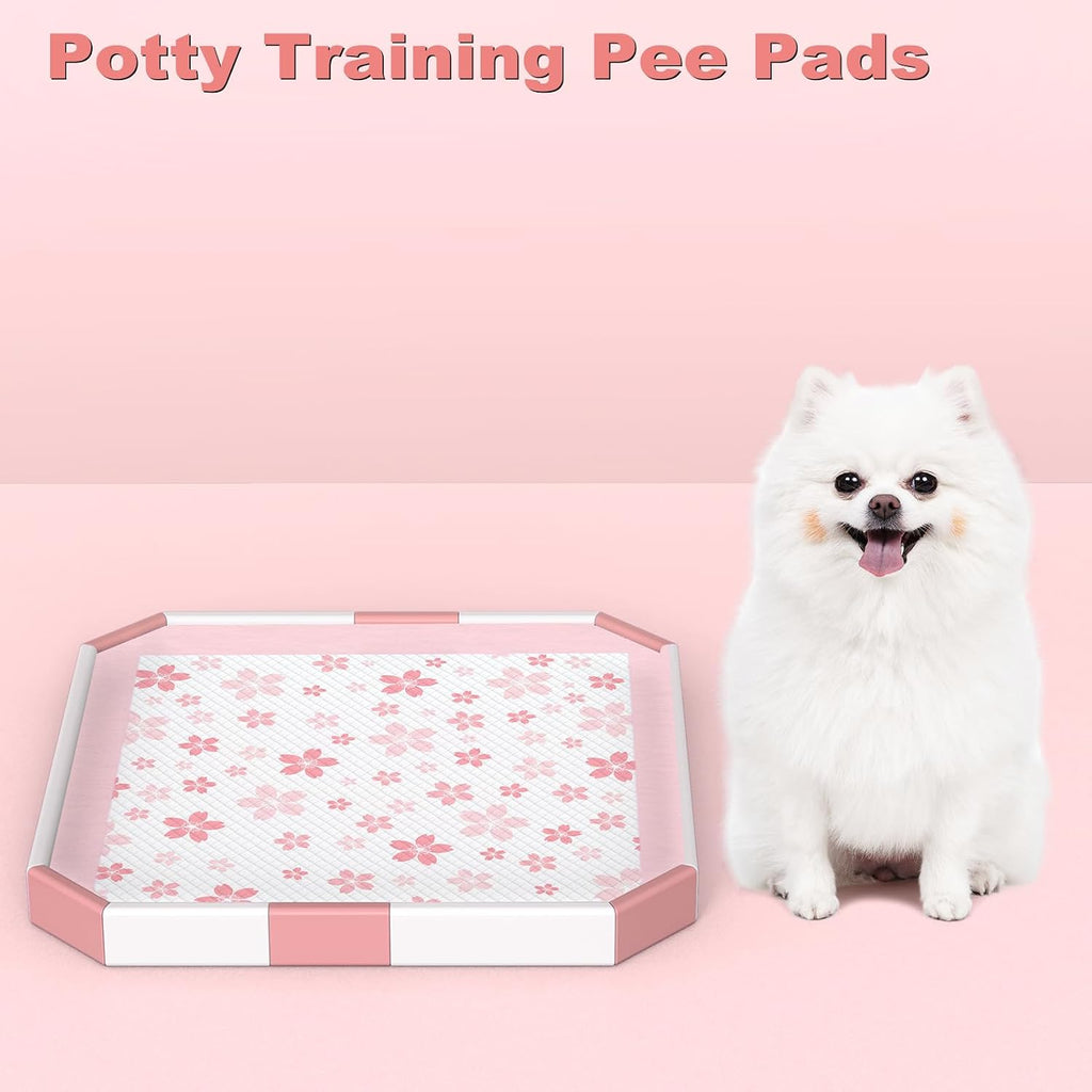 MIZOK Pink Puppy Pads with Adhesive Tabs Wee Wee Pads for Dogs 22x22in 50Ct | Cute Cherry Blossom Designs Feature Pheromone Attractant for Fast Training Small Dog Potty Pads Ideal for Female Puppy Needs
