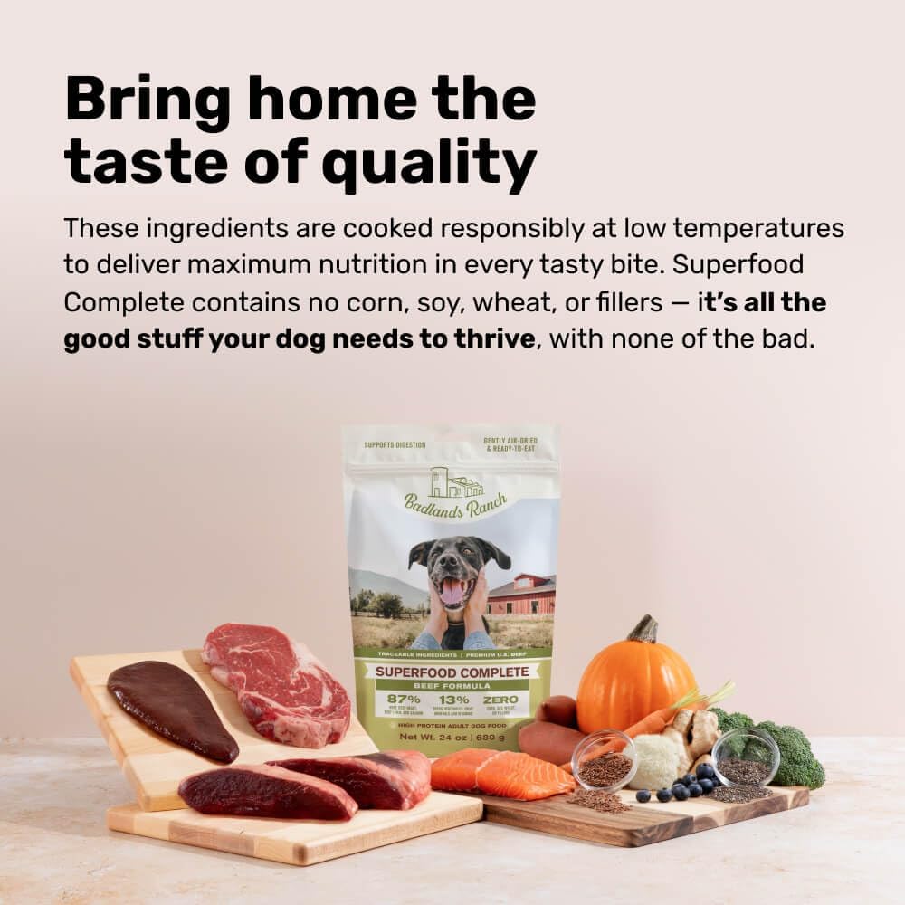 BADLANDS RANCH Air-Dried Beef Dog Food, 87% Real Meat, 24 oz | Includes organs & salmon; kibble topper or alternative; adult & senior dogs; no corn, wheat, soy or fillers