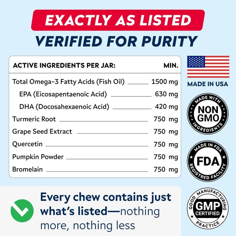 Dog Allergy & Itching Relief - Anti Itch, Skin&Coat Support Chews w/Omega 3 | Made in USA - Immune Supplements, Treats for Dogs Health w/Fish Oil for Irritated & Dry skin - Developed by Experts, 60 Ct