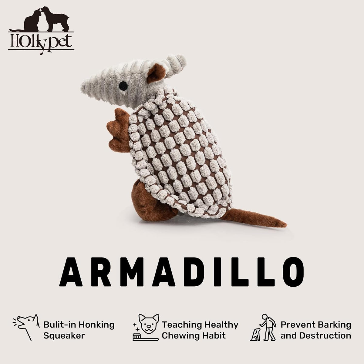 Hollypet Armadillo Squeaky Puppy Dog Toys for Small Medium Dogs, 8" | plush stuffed small dog squeak animal toy with unique grunt squeaker textured fabric for teeth cleaning toys