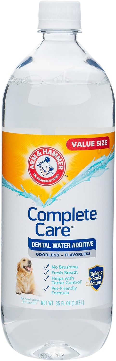 Arm & Hammer Complete Care Dog Dental Water Additive, 16 Fl Oz | Odorless, flavorless daily formula with baking soda and calcium fights plaque, tartar, and bad breath
