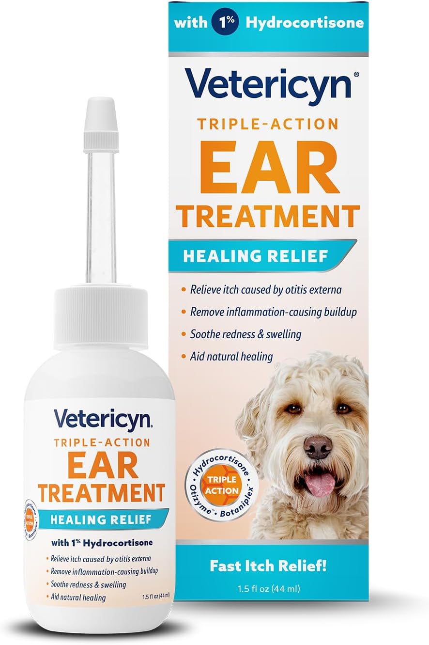 Vetericyn Triple-Action Ear Treatment for Dogs & Cats - 1% Hydrocortisone Ear Drops for Dog Ear Infection Relief - Fast Itch Relief & Healing with Otizyme Blend. 1.5 Ounce