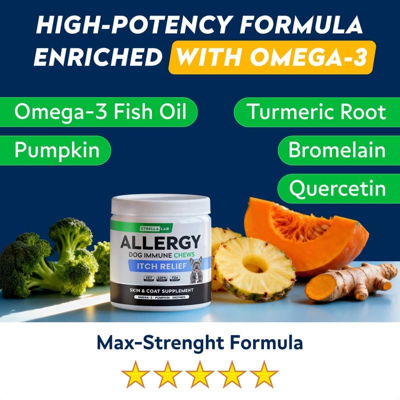 Dog Allergy & Itching Relief - Anti Itch, Skin&Coat Support Chews w/Omega 3 | Made in USA - Immune Supplements, Treats for Dogs Health w/Fish Oil for Irritated & Dry skin - Developed by Experts, 60 Ct