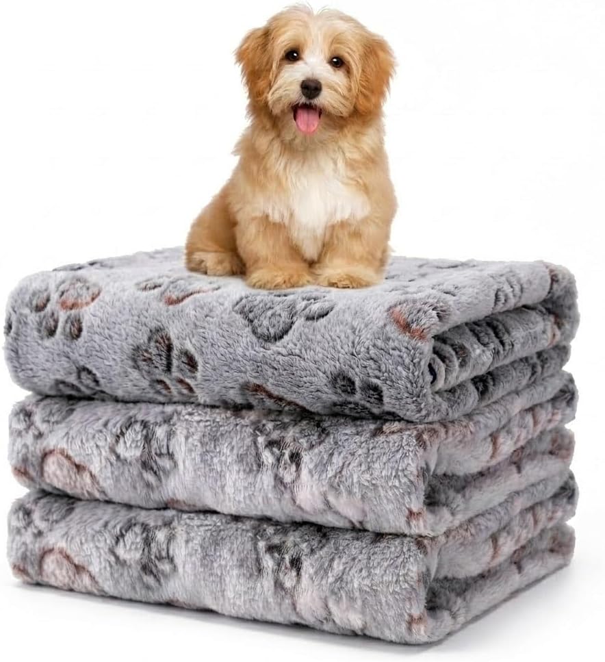 1 Pack 3 Blankets Fluffy Premium Fleece Soft Pet Blanket Flannel Throw for Cat Dog Puppy (Small 23x16'', Paw-White/Pink/Brown)