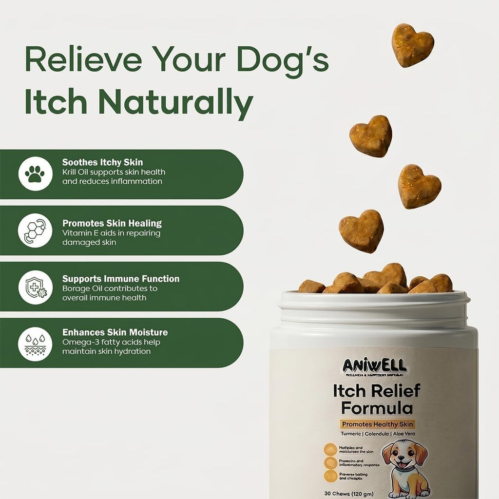 Itch Relief Chews for Dogs – Anti Itch Dog Allergy Relief | Borage Oil, Omega 3, Vitamin E | Dog Itching Skin Relief, Hot Spot Treatment, Seasonal Allergy Supplement | Soft Chews