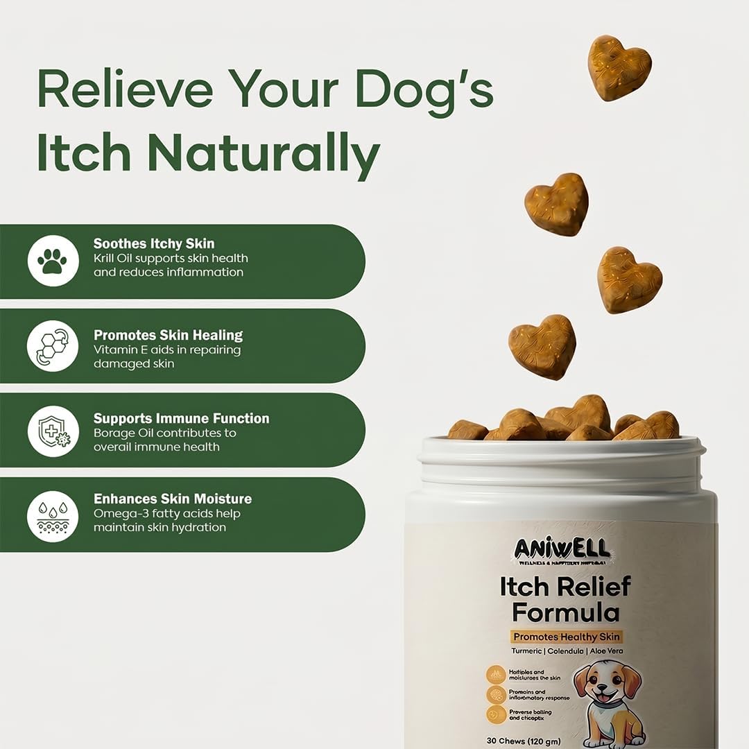 Itch Relief Chews for Dogs – Anti Itch Dog Allergy Relief | Borage Oil, Omega 3, Vitamin E | Dog Itching Skin Relief, Hot Spot Treatment, Seasonal Allergy Supplement | Soft Chews