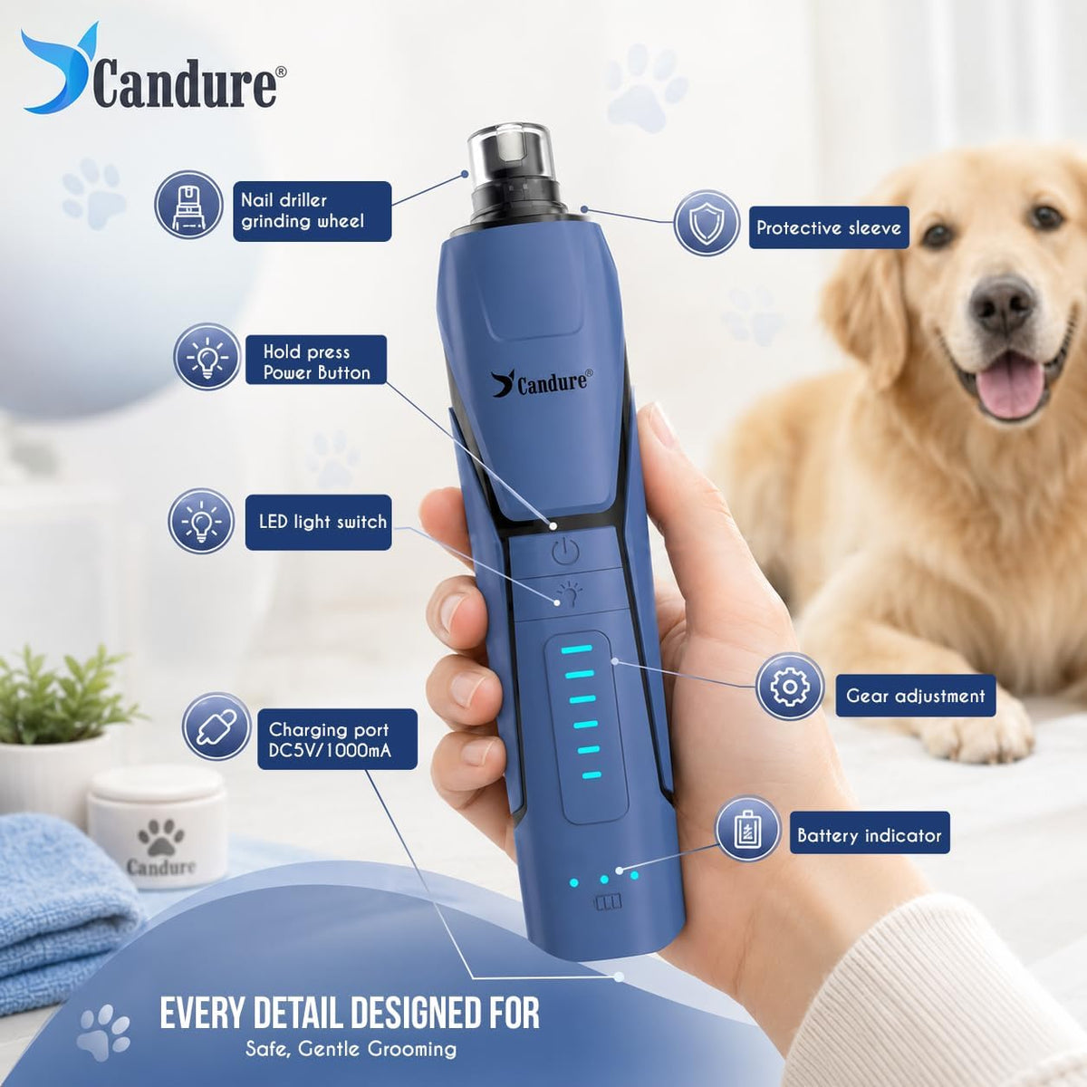 Candure Whisper Quiet Dog Nail Grinder with 360 Degree LED Light, 6-Speed Rechargeable Pet Nail Trimmers with Extra Grinding Head for Safe, Stress-Free Grooming for All Pet Sizes (Dark Blue)