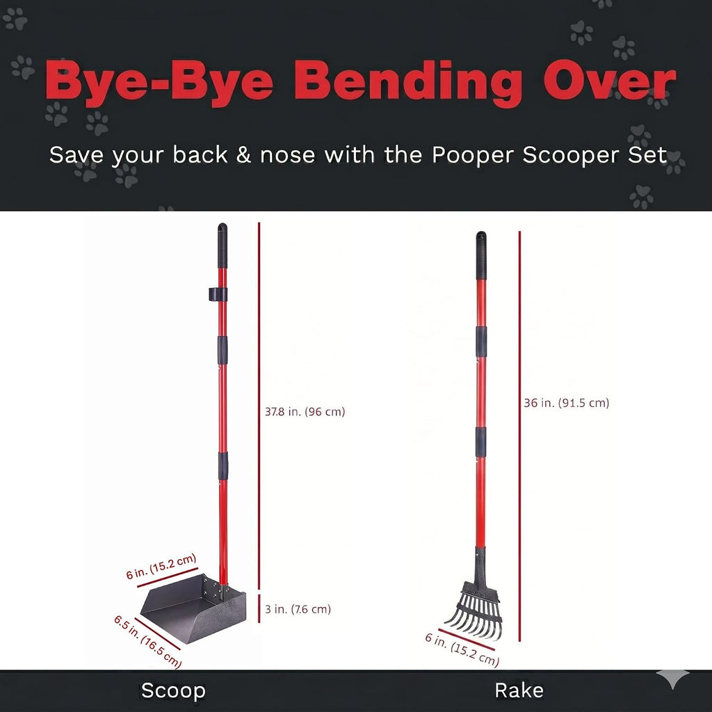 Pawler Pooper Scooper for Dogs with Long Handle Rake & Tray, Heavy Duty | Pawler Rustproof Aluminum Poop Scooper Set with 36+" Handles for Yard, Grass, Dirt & Gravel
