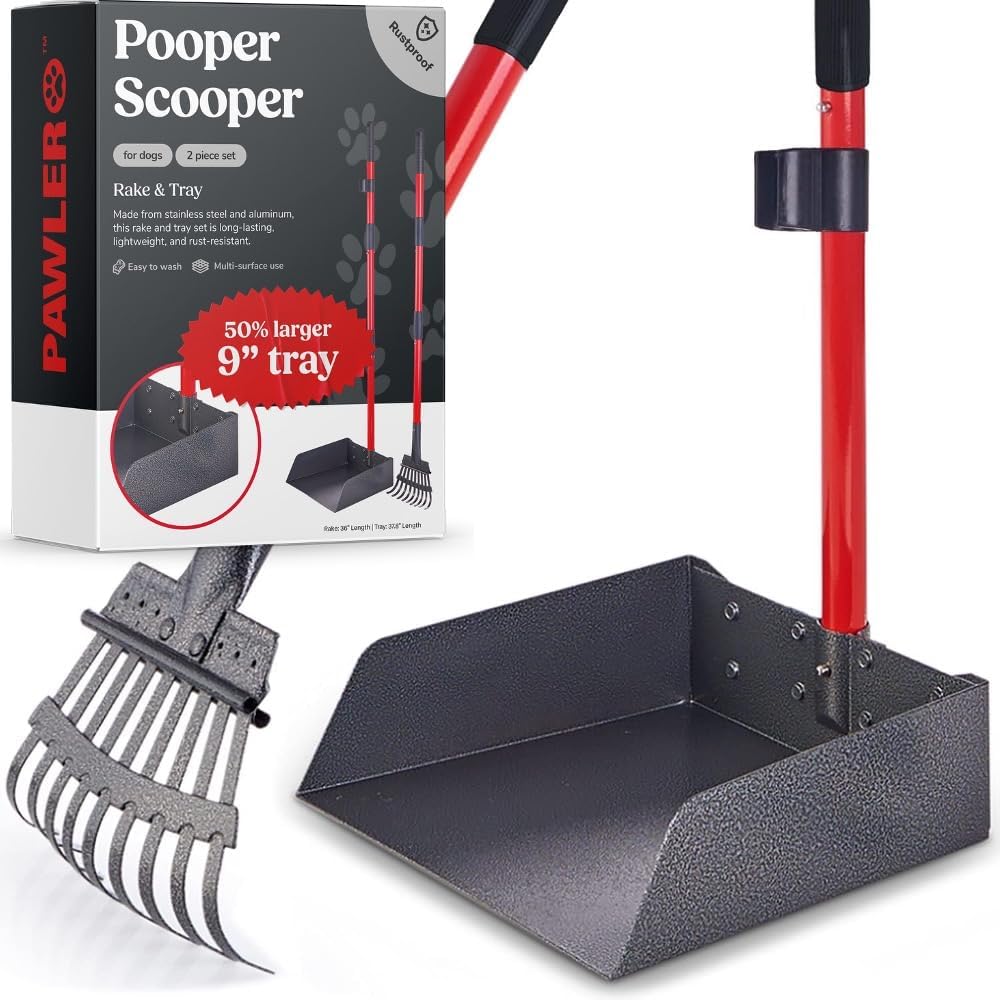 Pawler Pooper Scooper for Dogs with Long Handle Rake & Tray, Heavy Duty | Pawler Rustproof Aluminum Poop Scooper Set with 36+" Handles for Yard, Grass, Dirt & Gravel