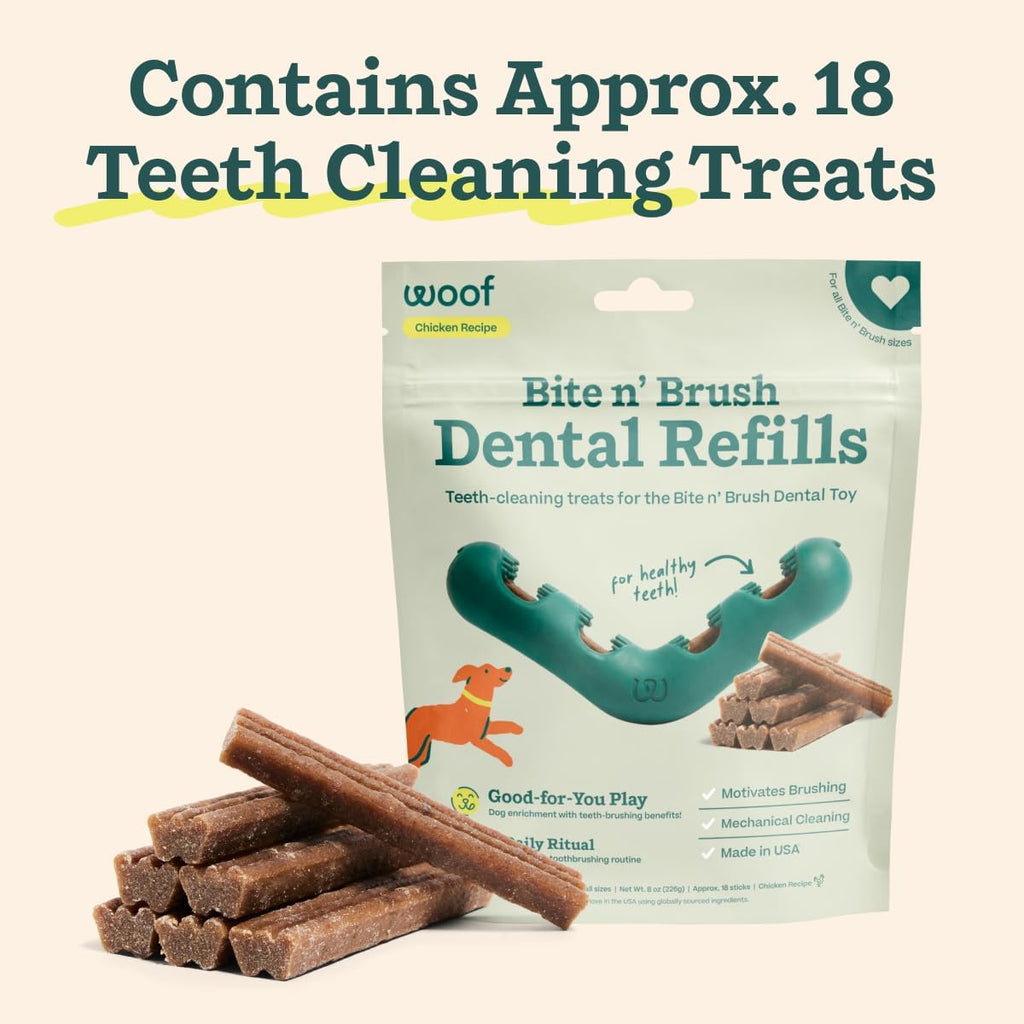 WOOF Bite n' Brush Dog Dental Chew Toy Refills, Chicken, 18 Count | Dental refill treats, chicken & beef options, oral care ingredients, reusable with Bite n' Brush