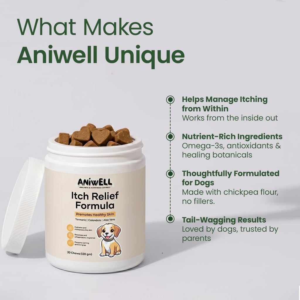 Itch Relief Chews for Dogs – Anti Itch Dog Allergy Relief | Borage Oil, Omega 3, Vitamin E | Dog Itching Skin Relief, Hot Spot Treatment, Seasonal Allergy Supplement | Soft Chews