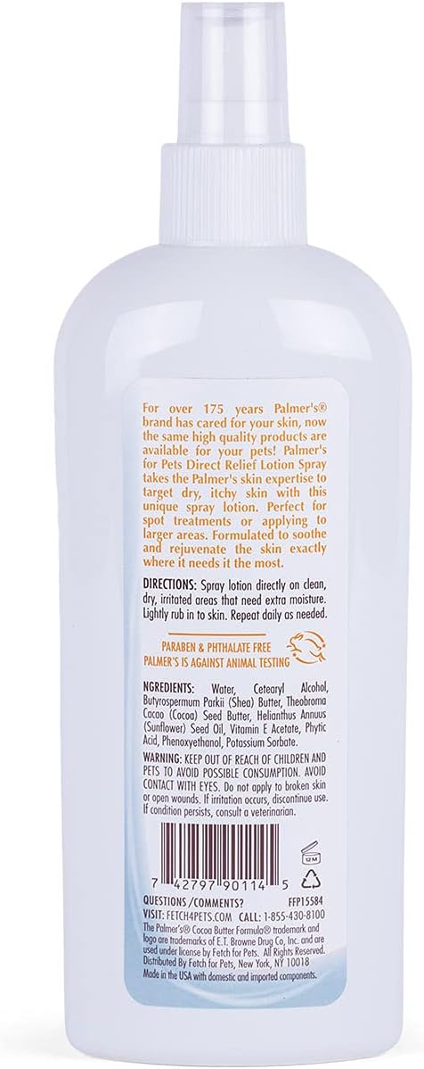 Palmers for Pets Cocoa Butter Dry Skin Relief Spray for Dogs, 8 Fl Oz | Direct spray-on lotion with Vitamin E soothes dry, itchy skin, no-mess application between grooming