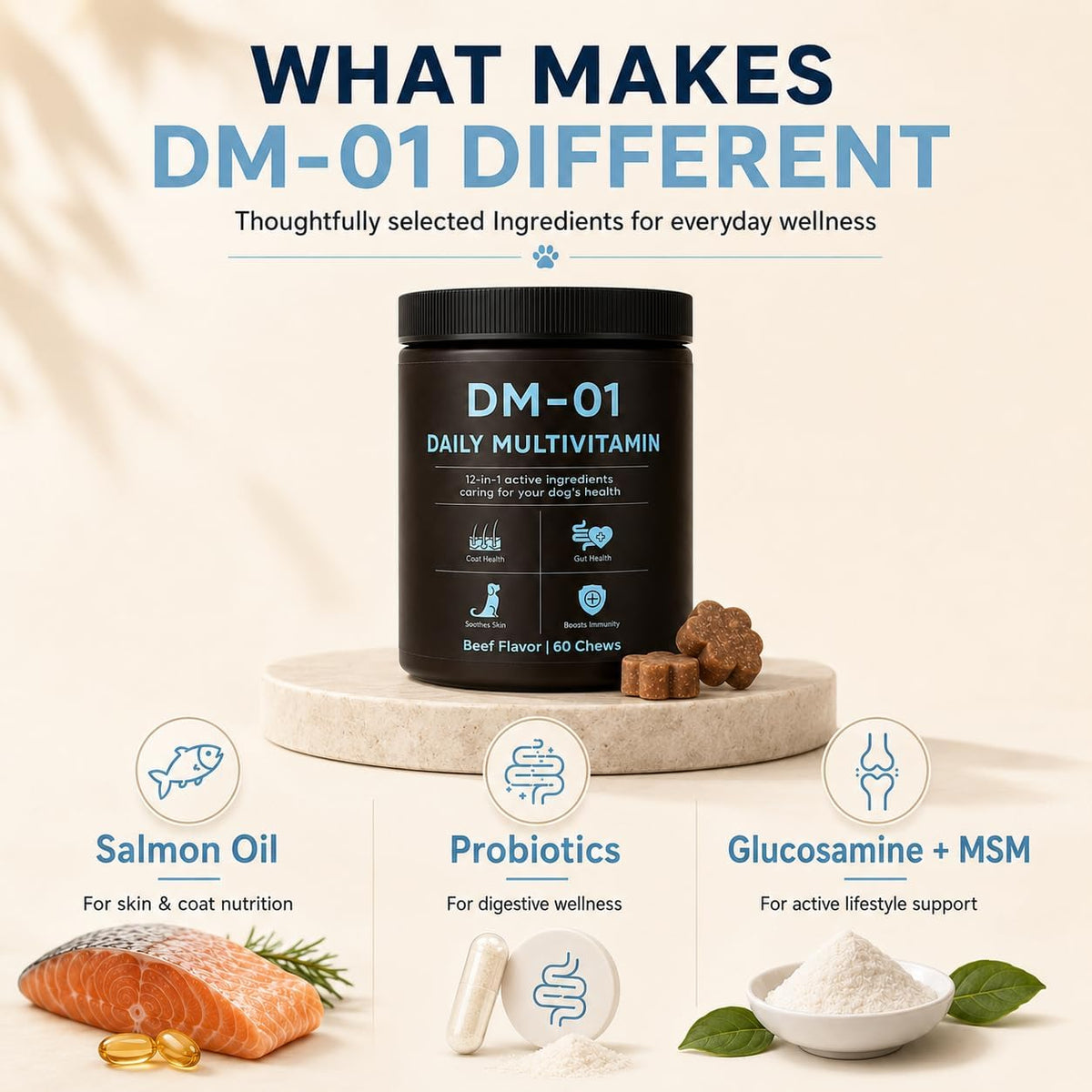 DM-01 Daily Multivitamin, Multivitamin Itch Relief Chews for Dog, Beef | 12-in-1 daily multivitamin chews with Salmon Oil, Probiotics, Glucosamine & Essential Vitamins for everyday dog wellness.