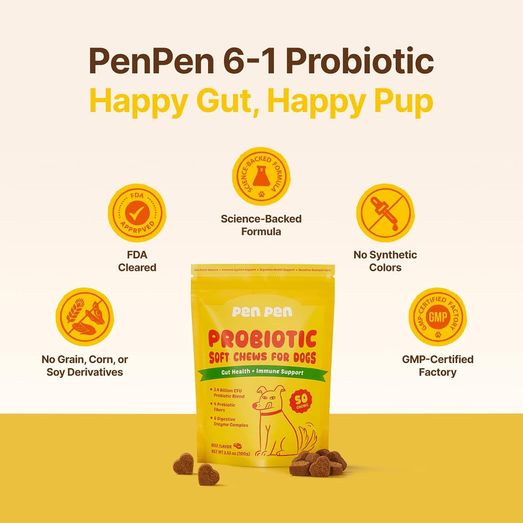 PENPEN Probiotics for Dogs, Dogs Probiotics for Digestive Health, Multi-Probiotic and Enzyme Blend Promote Gut Health & Immune Support, Eases Sensitive Stomachs (Beef Chews, 50ct)