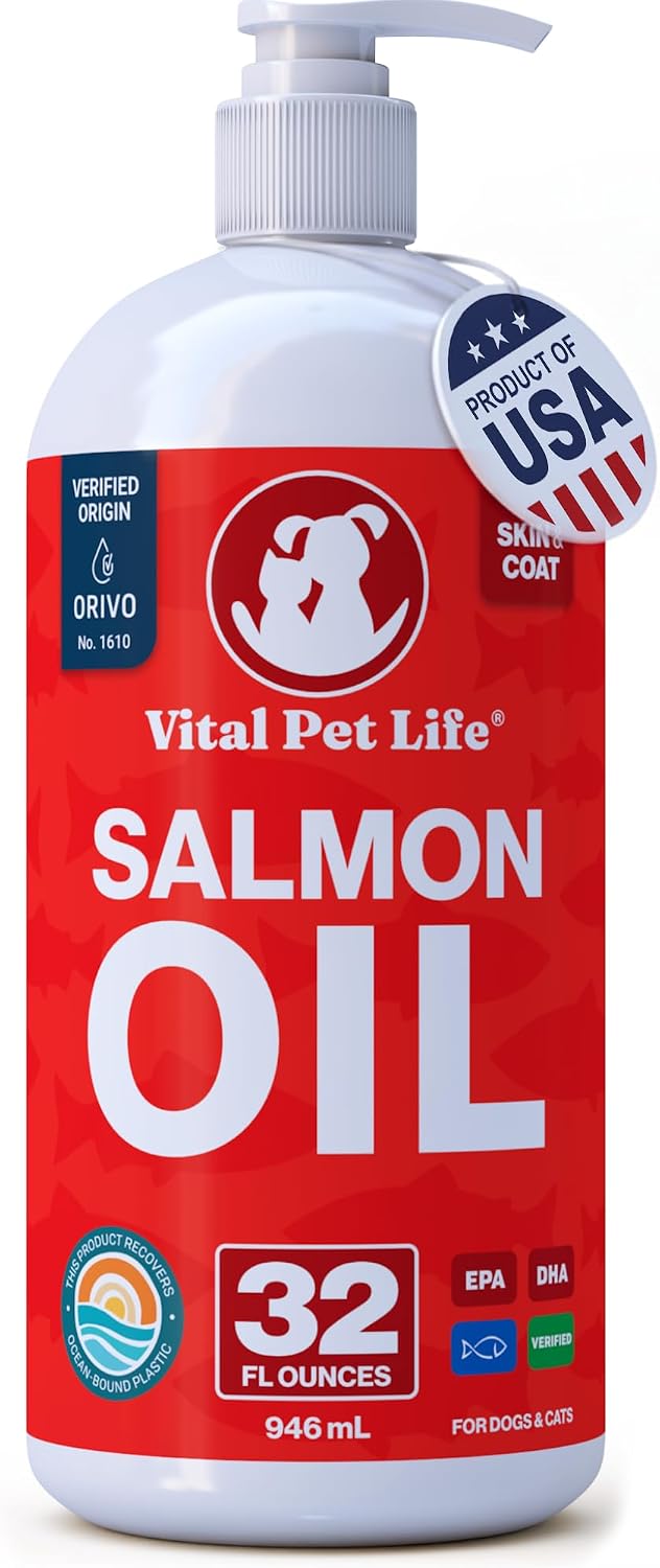 Salmon Oil for Dogs & Cats, Healthy Skin & Coat, Liquid Fish Omega 3, 32 oz | Soft Shiny Glossy Coat, EPA DHA, Immune System & Heart Function Support, Normal Shedding, Supplement for Pets