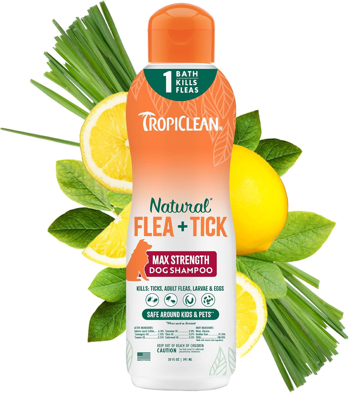 TropiClean Flea and Tick Shampoo for Dogs, Max Strength Formula, 20oz | Powerful & Natural Defense | Flea & Tick Prevention | For Large & Small Dogs | Made in USA