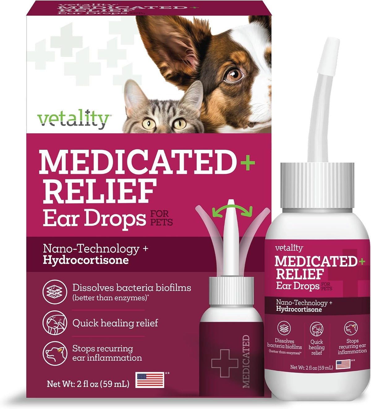 Vetality Medicated Otic Drops for Dog Ear Infection Treatment, 2 fl oz