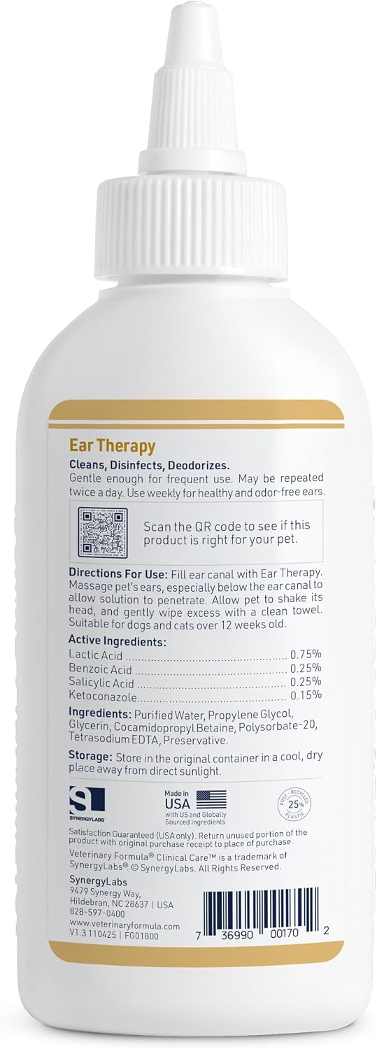 Veterinary Formula Clinical Care Ear Therapy Cleaner for Dogs & Cats, 4 oz | Alcohol-free formula, removes wax, debris and odor-causing buildup