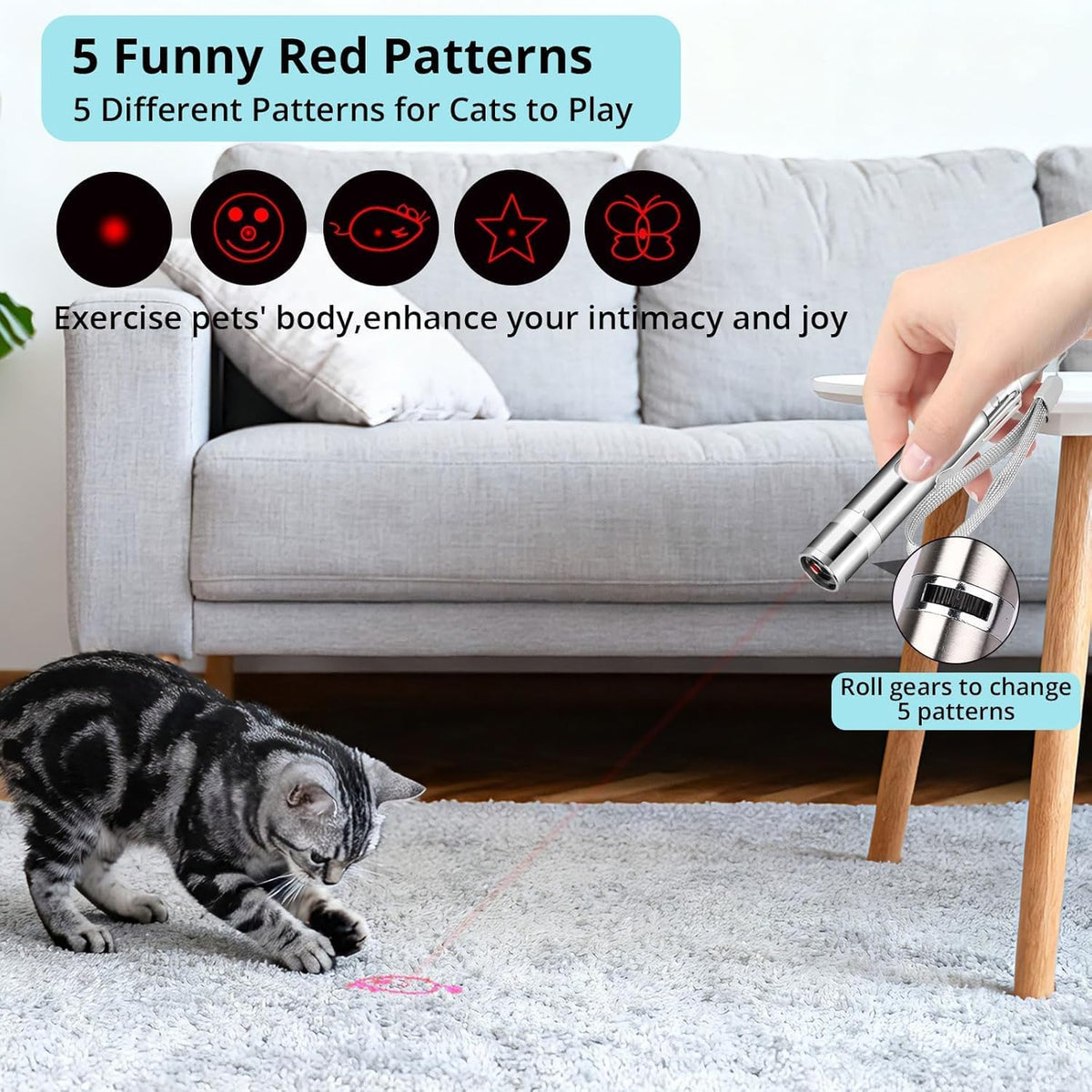 Waputne Cat Toy, USB Rechargeable, 3 Light Modes, 5 Fun Patterns, Indoor