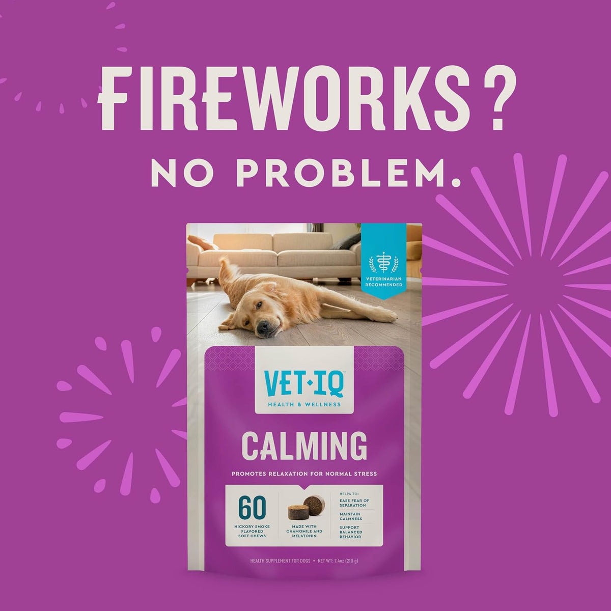VetIQ Calming Support Supplement, Calming Chews for Dogs Help Manage Stress and Promote Relaxation, Anxiety Relief for Dogs, Made in the USA, 60 Count | Helps manage stress & promote relaxation; daily calming supplement chew; made in USA; ideal for storms