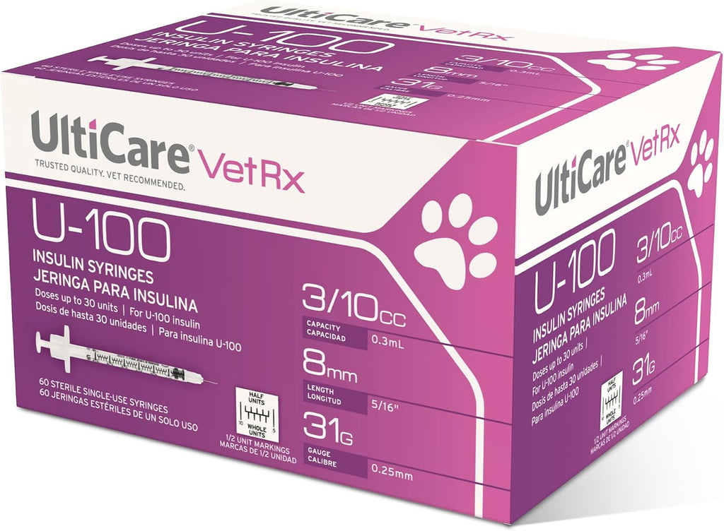 UltiCare VetRx U-100 Pet Insulin Syringes, 3/10cc, 31G x 5/16", 60 Ct, HU