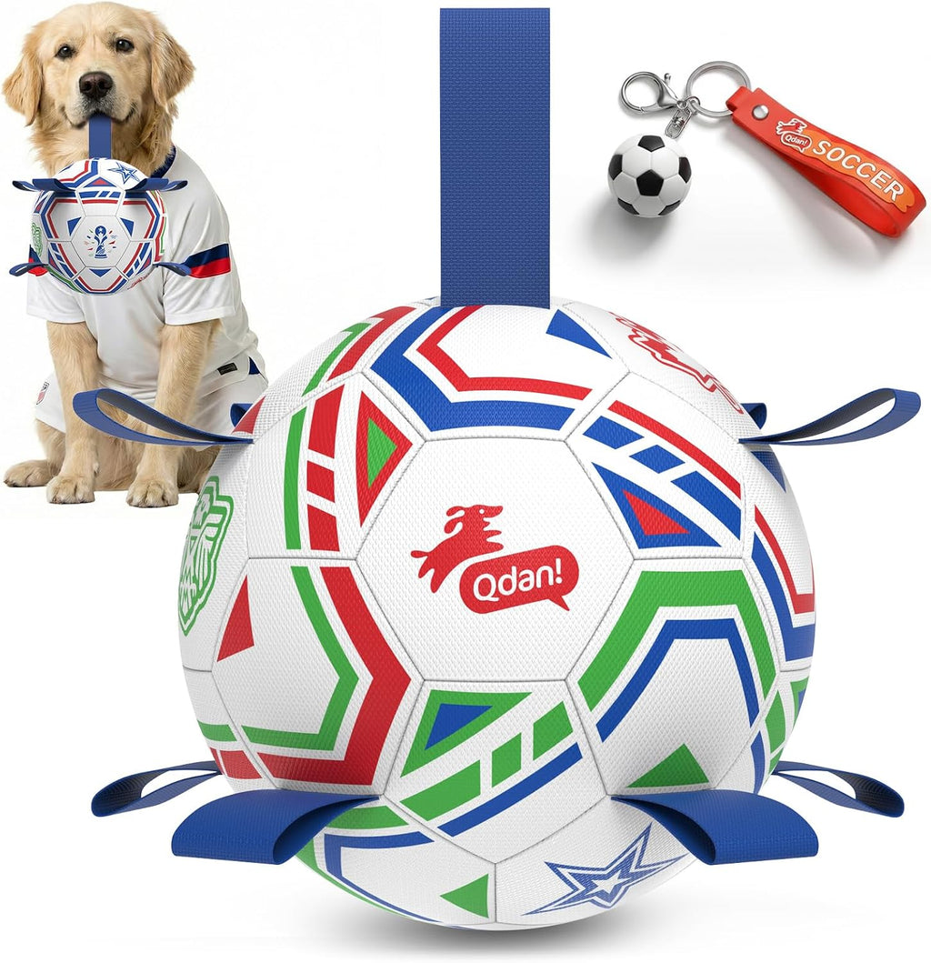 QDAN Dog Balls, 6 Inch Dog Soccer Ball with Straps, Herding Balls for Dogs | Outdoor Dog Toys Balls for 20-40 lb dogs, Puppy Ball to Keep Them Busy, Dog Pool Water Play Toy, Puppy Birthday Gifts