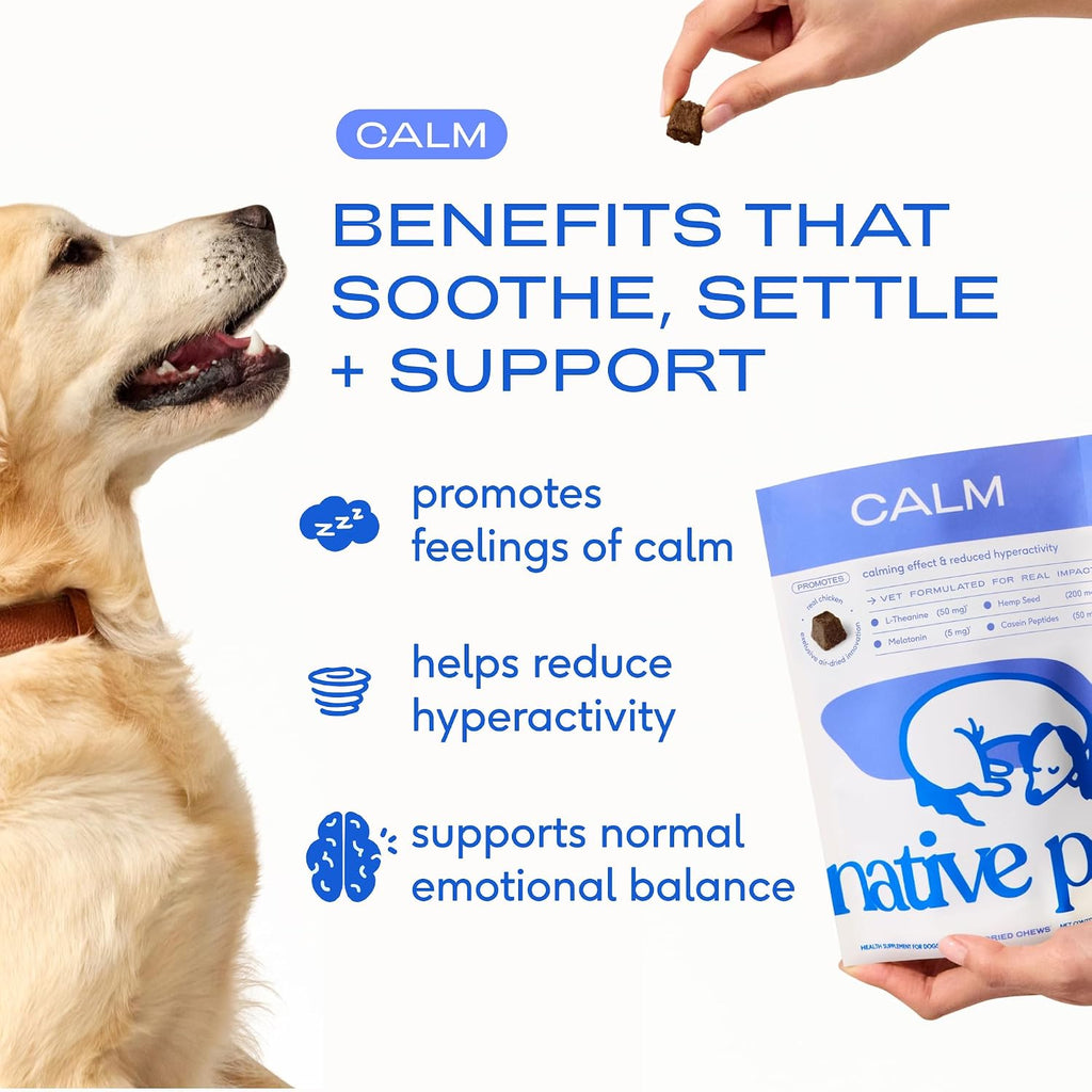 Native Pet Calming Chews for Dogs - Promotes Calming Effect, Supports Emotional Balance & Reduces Hyperactivity - Hemp Seed, Melatonin for Dogs, L-Theanine & Casein - Air-Dried 30 Chews
