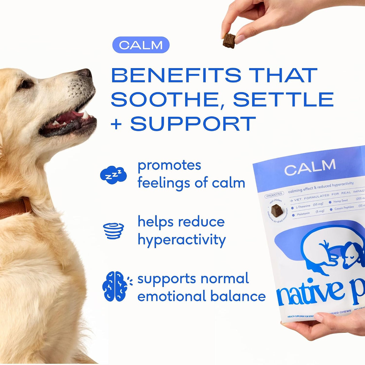 Native Pet Calming Chews for Dogs - Promotes Calming Effect, Supports Emotional Balance & Reduces Hyperactivity - Hemp Seed, Melatonin for Dogs, L-Theanine & Casein - Air-Dried 30 Chews