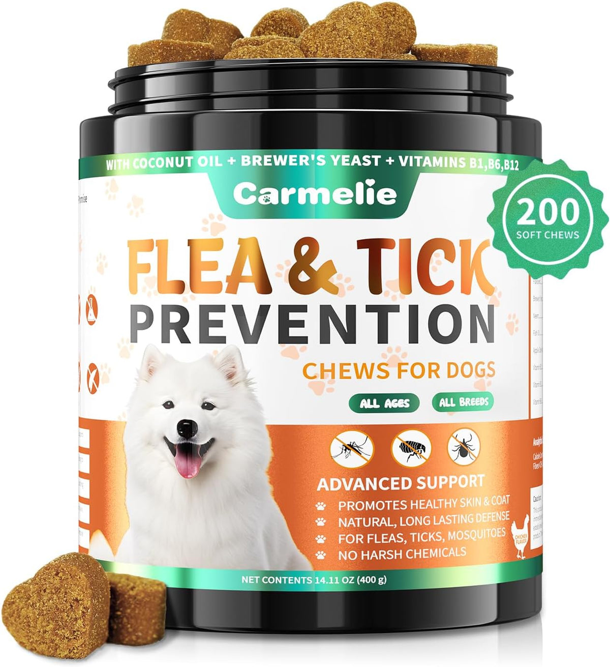 Carmelie Flea and Tick Prevention for Dogs Chewables, 200 Soft Chews | Natural Dog Flea and Tick Chewables, Oral Flea Supplement for Dogs, Puppy Flea Support - All Breeds & Ages - Chicken Flavor