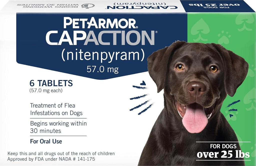 PetArmor CAPACTION (nitenpyram) Oral Flea Treatment for Dogs, Fast Acting Tablets Start Killing Fleas in 30 Minutes, Dogs Over 25 lbs, 6 Doses (Pack of 1) (Packaging May Vary) | Ideal for Dogs 25+ lbs; Oral Tablet, No Mess; 6 doses; Fast Flea Knockdown
